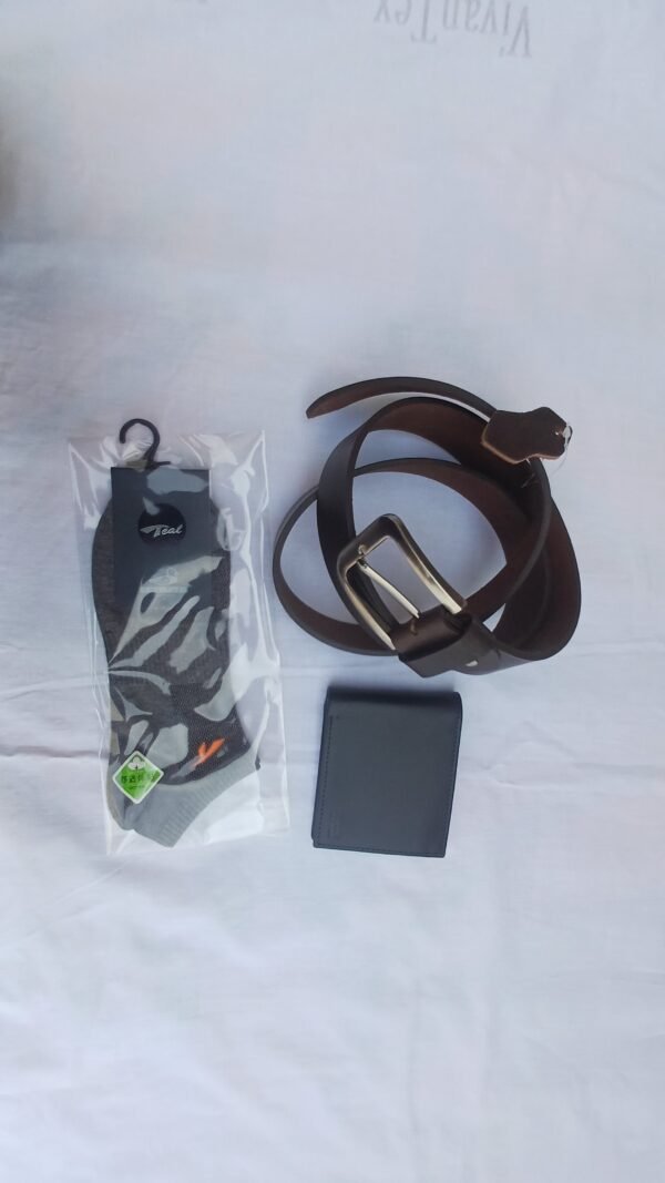 The Gentleman's Trio 3-in-1 Essentials Pack featuring Leather Belt, Bi-fold Wallet, and Cotton Ankle Socks