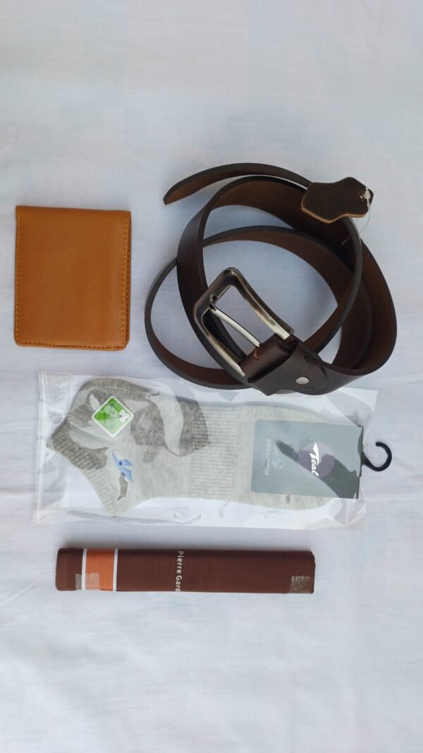leather-wallet-belt-combo-pack-pakistan Gentleman’s complete men's accessory pack including brown leather belt, tan leather wallet, ankle socks, and cotton handkerchief in Pakistan.