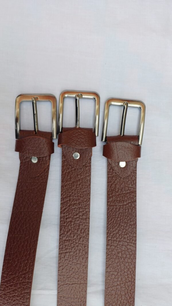 Premium textured brown leather belt for men with silver alloy buckle
